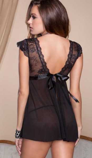 Merry See Black Lace Top Elegant Nightgown - MS2289-1 - Thumbnail