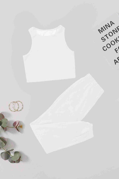 Tek Renk 1 Takım Kolsuz Polarlı Alt Üst Pijama Takımı Beyaz