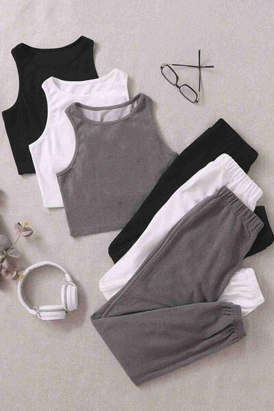 Tek Renk 1 Takım Kolsuz Polarlı Alt Üst Pijama Takımı Beyaz