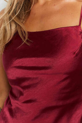 Merry See Yırtmaçlı Mini Saten Elbise Kırmızı-MS2350 - Thumbnail