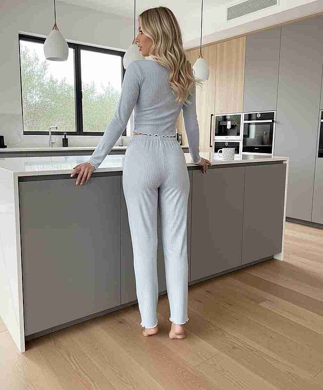 Önden Düğmeli Uzun Kollu Şık Pijama Takımı Mavi - 4