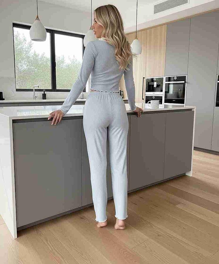 Önden Düğmeli Uzun Kollu Şık Pijama Takımı Mavi - 4