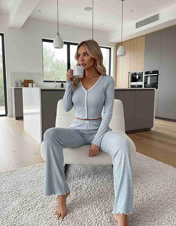 Önden Düğmeli Uzun Kollu Şık Pijama Takımı Mavi - 2