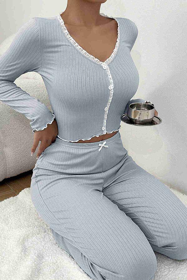Önden Düğmeli Uzun Kollu Şık Pijama Takımı Mavi - 5
