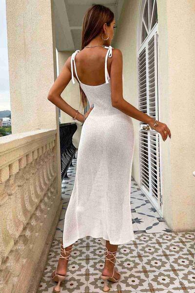 Örme Wrap Yaka Yırtmaçlı Plaj Elbisesi Pareo Beyaz