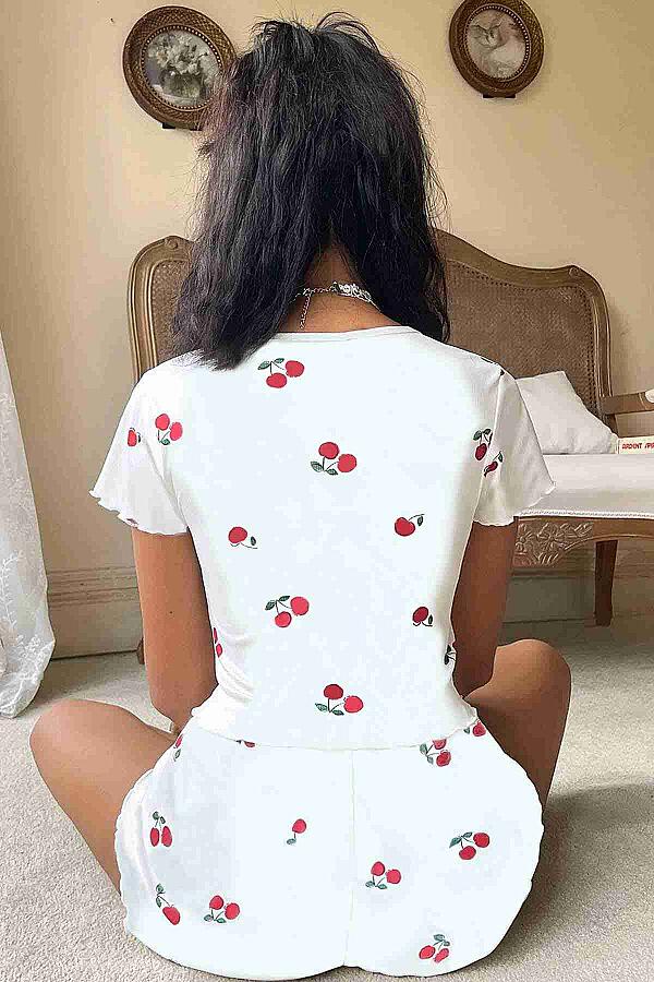 Örme Yumuşak Kısa Kol Kiraz Basklı Sortlu Pijama Takımı - 2