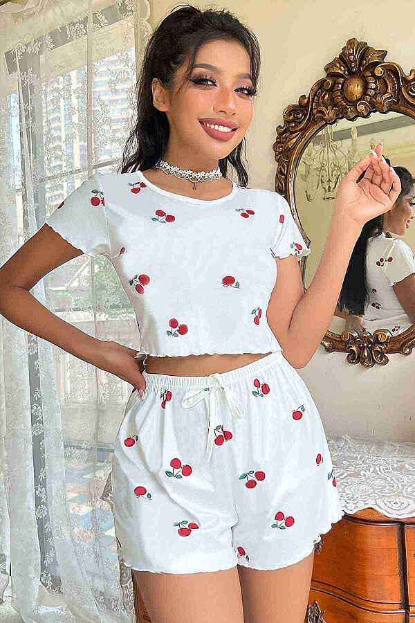 Örme Yumuşak Kısa Kol Kiraz Basklı Sortlu Pijama Takımı - 4