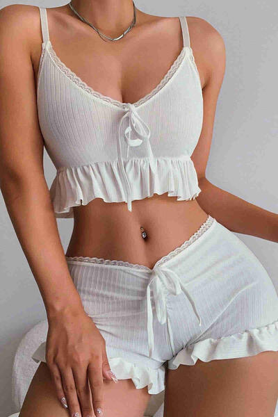 Özel Örme Kumaş Askılı Şortlu Pijama Takımı