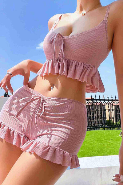 Özel Örme Kumaş Askılı Şortlu Pijama Takımı