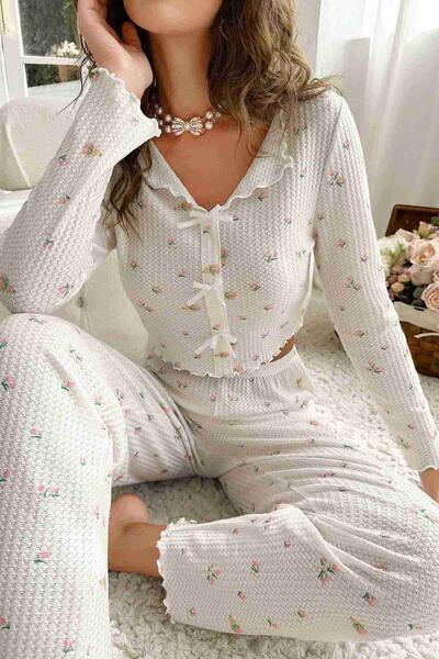 Özel Örme Kumaş Baskılı Uzun Kollu Pijama Takımı Çok Renkli