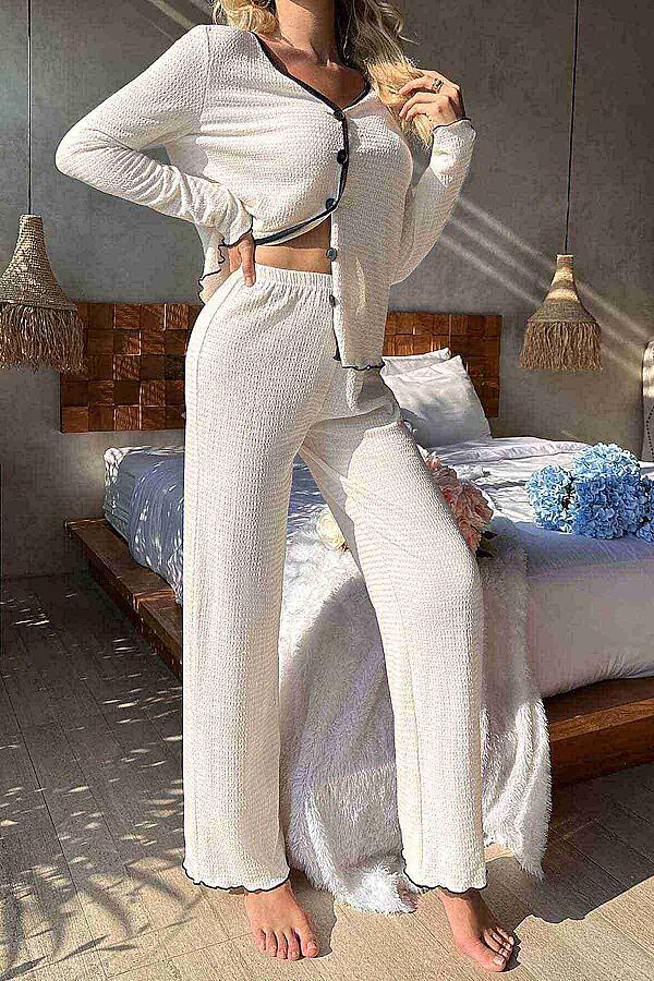 Özel Örme Kumaş Düğmeli Uzun Kollu Pijama Takımı Beyaz - 1