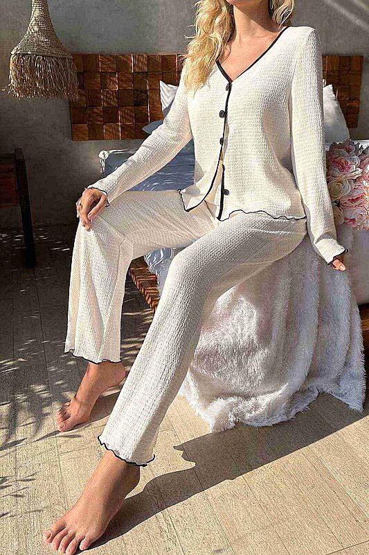 Özel Örme Kumaş Düğmeli Uzun Kollu Pijama Takımı Beyaz - 2