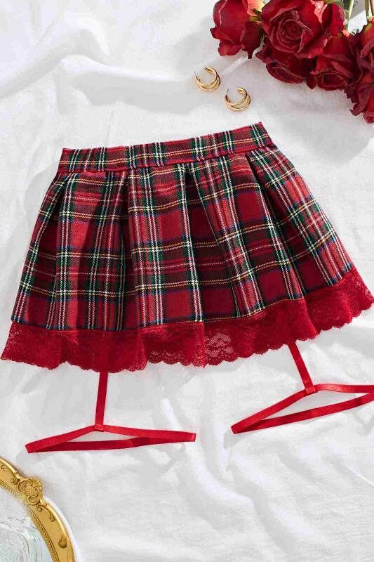 Pileli Dantelli Ekose Arkadan Bağlamalı Etek Jartiyer Detaylı Çok Renkli - 1