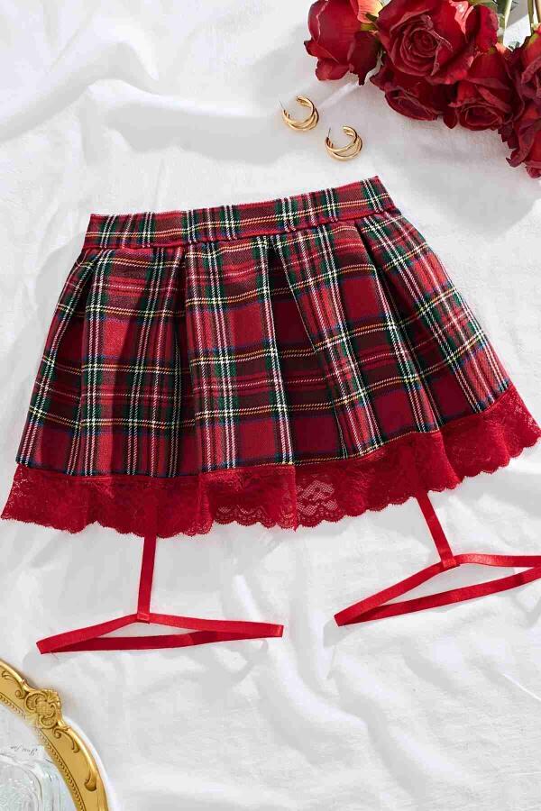 Pileli Dantelli Ekose Arkadan Bağlamalı Etek Jartiyer Detaylı Çok Renkli - 1