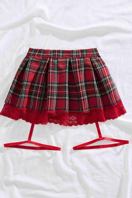 Pileli Dantelli Ekose Arkadan Bağlamalı Etek Jartiyer Detaylı Çok Renkli - 3