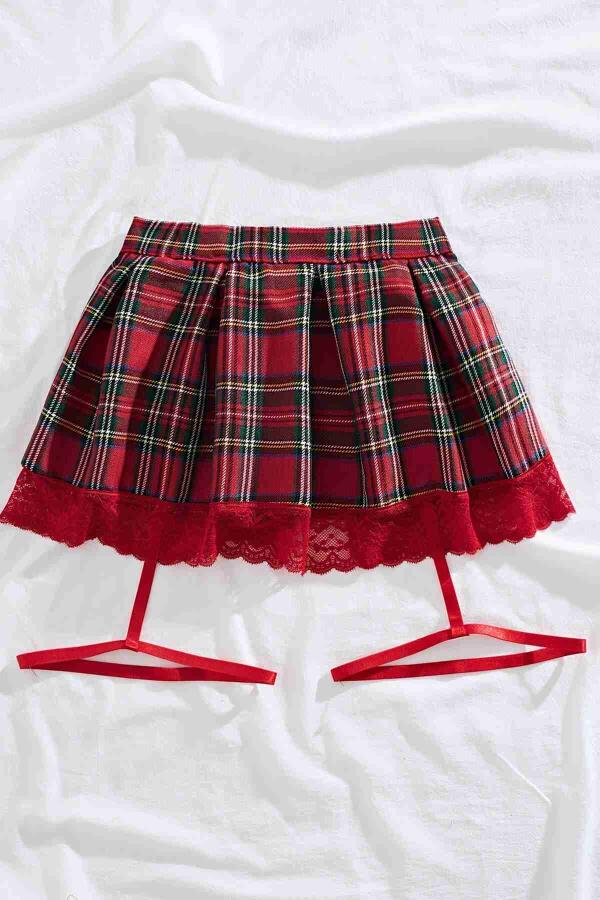 Pileli Dantelli Ekose Arkadan Bağlamalı Etek Jartiyer Detaylı Çok Renkli - 3