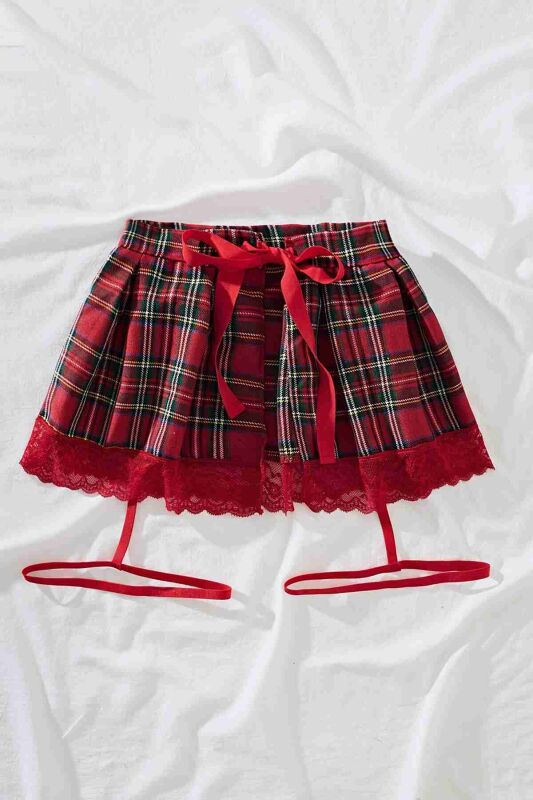 Pileli Dantelli Ekose Arkadan Bağlamalı Etek Jartiyer Detaylı Çok Renkli - 4