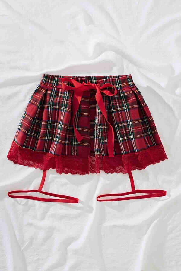 Pileli Dantelli Ekose Arkadan Bağlamalı Etek Jartiyer Detaylı Çok Renkli - 4