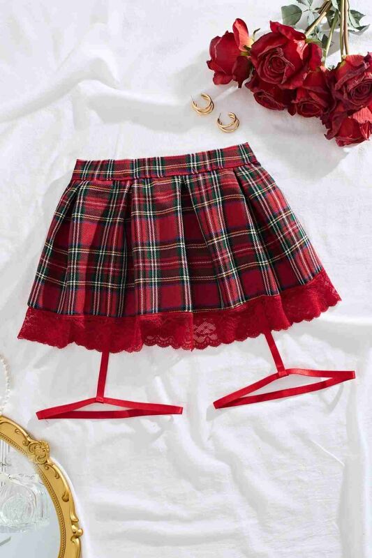 Pileli Dantelli Ekose Arkadan Bağlamalı Etek Jartiyer Detaylı Çok Renkli - 5