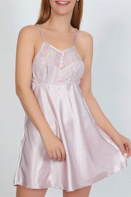 Powder Lace Detailed Mini Satin Nightgown 3299 - Thumbnail