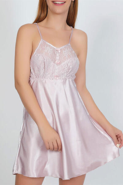 Powder Lace Detailed Mini Satin Nightgown 3299
