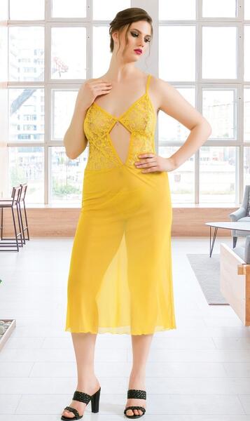 Sarı Büyük Beden Uzun Seksi Gecelik Takım Passion 6322