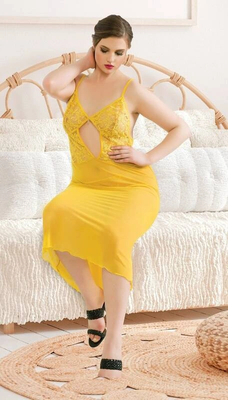Sarı Büyük Beden Uzun Seksi Gecelik Takım Passion 6322