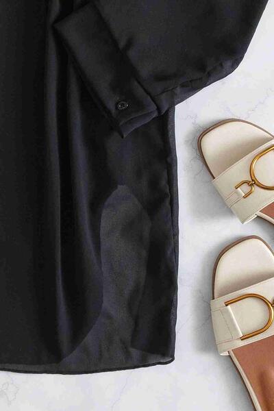 Şifon Gömlek Plaj Elbisesi Pareo Kimono Kaftan Siyah - MS4357