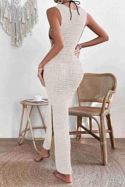 Şık Örme Yırtmaçlı Pareo Plaj Elbisesi Kimono Krem