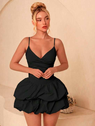 Siyah Balon Etek Mini Elbise - Real Passione