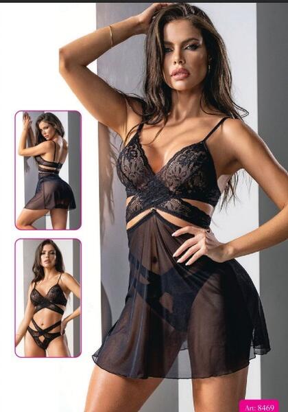 Siyah Dantel Transparan Babydoll Seti 8469