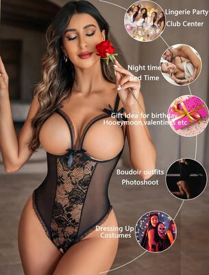 Siyah Dantel Transparan Dekolteli Fantezi Body Tulum - Thumbnail