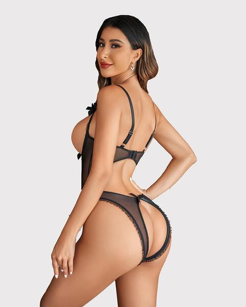 Siyah Dantel Transparan Dekolteli Fantezi Body Tulum