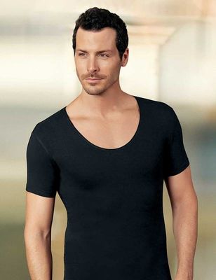 Black Wide Neck Short Sleeve Single Jersey T-Shirt ME085 - Thumbnail