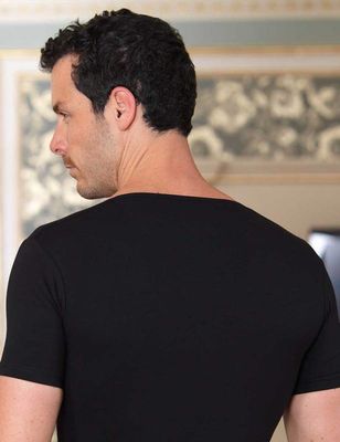 Black Wide Neck Short Sleeve Single Jersey T-Shirt ME085 - Thumbnail