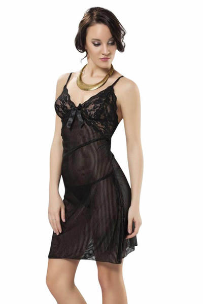 Black Thin Strap Lace Detailed Semi Transparent Nightdress 1482