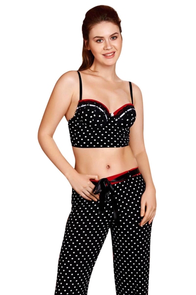 Black Polka Dot Patterned Underwire Bustiered Pajamas Set 4132 - Thumbnail