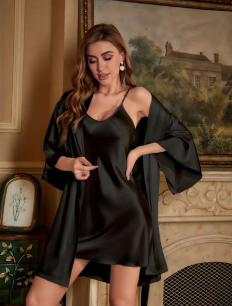 Siyah Saten Pijama Sabahlık Seti