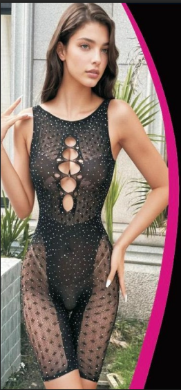 Siyah Taşlı Göğüs Dekolteli Kolsuz Şort Tulum 4032