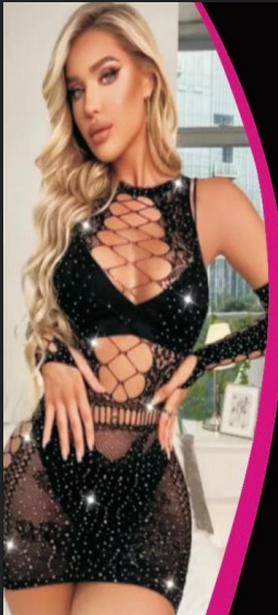 Siyah Taşlı Göğüs ve Bel Dekolteli File Mini Elbise ve Eldiven Seti 4028
