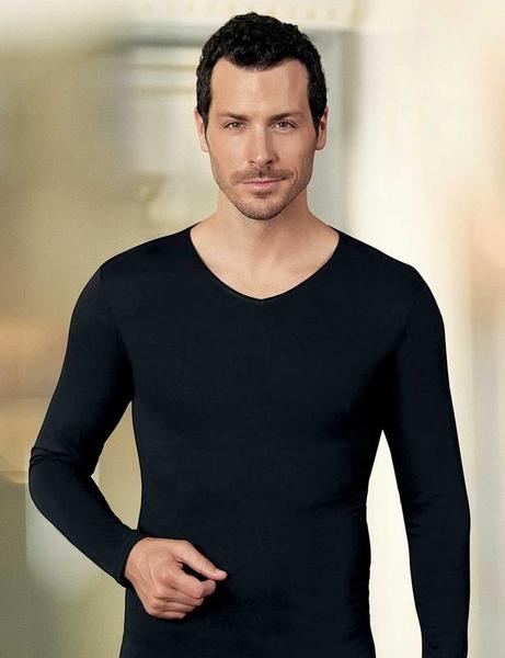 Black Long Sleeve V Neck Single Jersey T-Shirt ME075