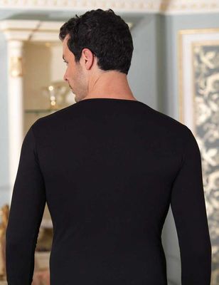Black Long Sleeve V Neck Single Jersey T-Shirt ME075 - Thumbnail
