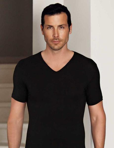 Black V Neck Short Sleeve Modal Men's T-Shirt ME130