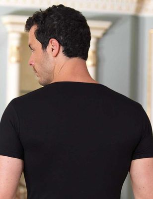 Black V Neck Short Sleeve Single Jersey Men's T-Shirt ME073 - Thumbnail