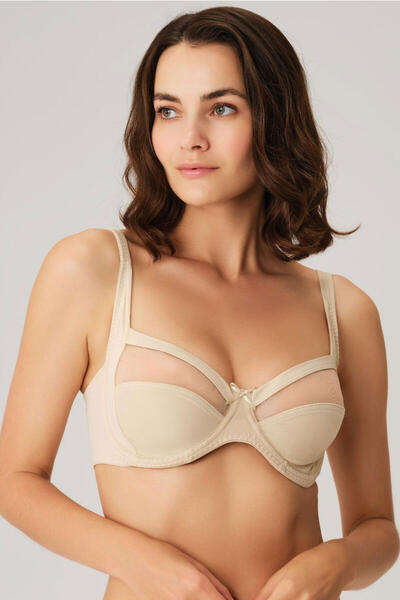 Tulle Detailed Underwire Half Covered Minimizer Bra 3696