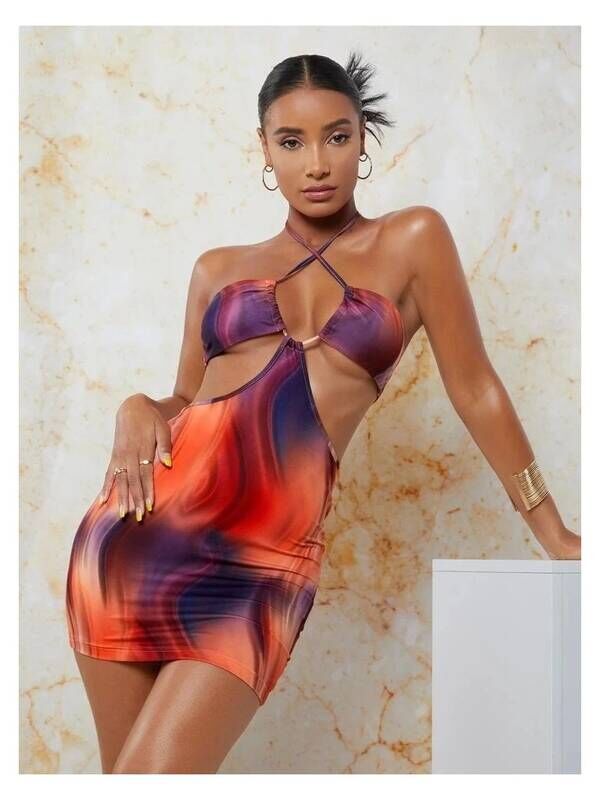 Turuncu Boyun Askılı Mini Elbise - 1