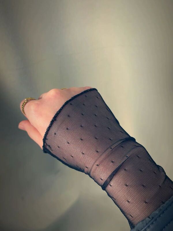 Uzun Siyah Puantiyeli Yetişkin Tül Eldiven - 5