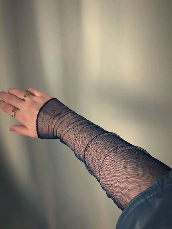 Uzun Siyah Puantiyeli Yetişkin Tül Eldiven - 6