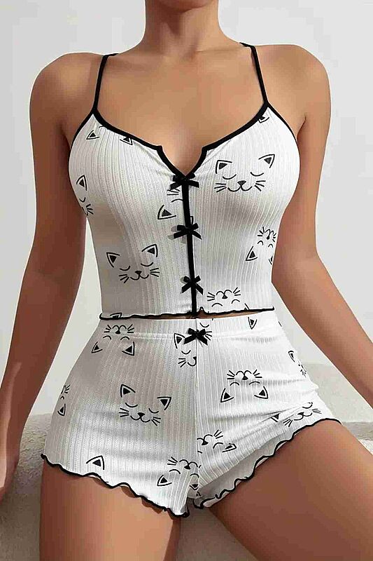 Yavru Kedi Baskılı Askılı Şortlu Pijama Takımı - Merry See
