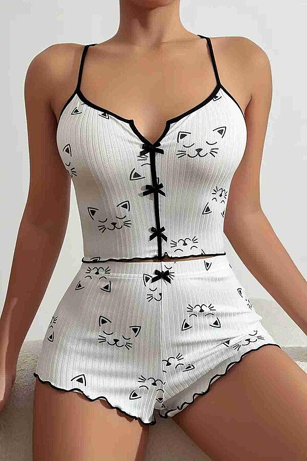 Yavru Kedi Baskılı Askılı Şortlu Pijama Takımı - 1